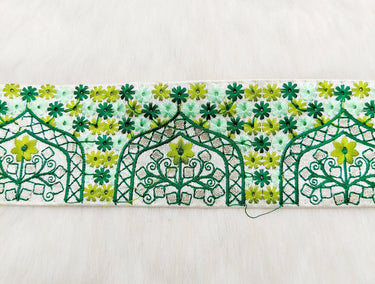 Beige Art Silk Fabric Trim Border with Floral Embroidery and Silver Indian Foil Work, Decorative Trimming, Crafting Lace